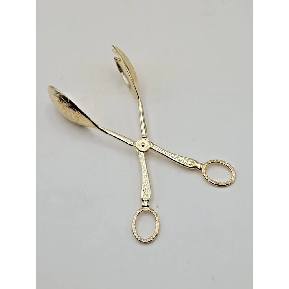 Gold Tone Ornate Floral Tongs EP Zinc Alloy 8 Inch Serving Utensil